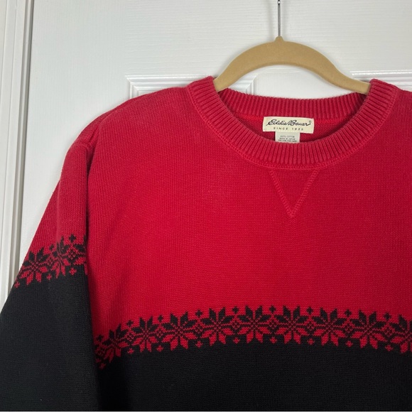 Eddie Bauer Vintage 90’s Fair Isle Ski Lodge Sweater Black/Red Cotton Men’s L - Picture 2 of 6
